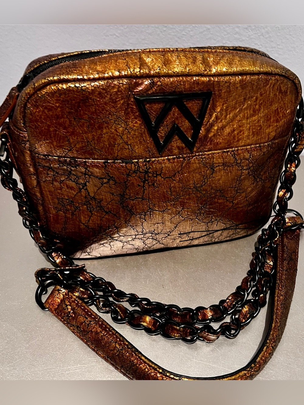 Kelly Wynne leahter Metallic Bronze Crossbody Purse with Chain Strap